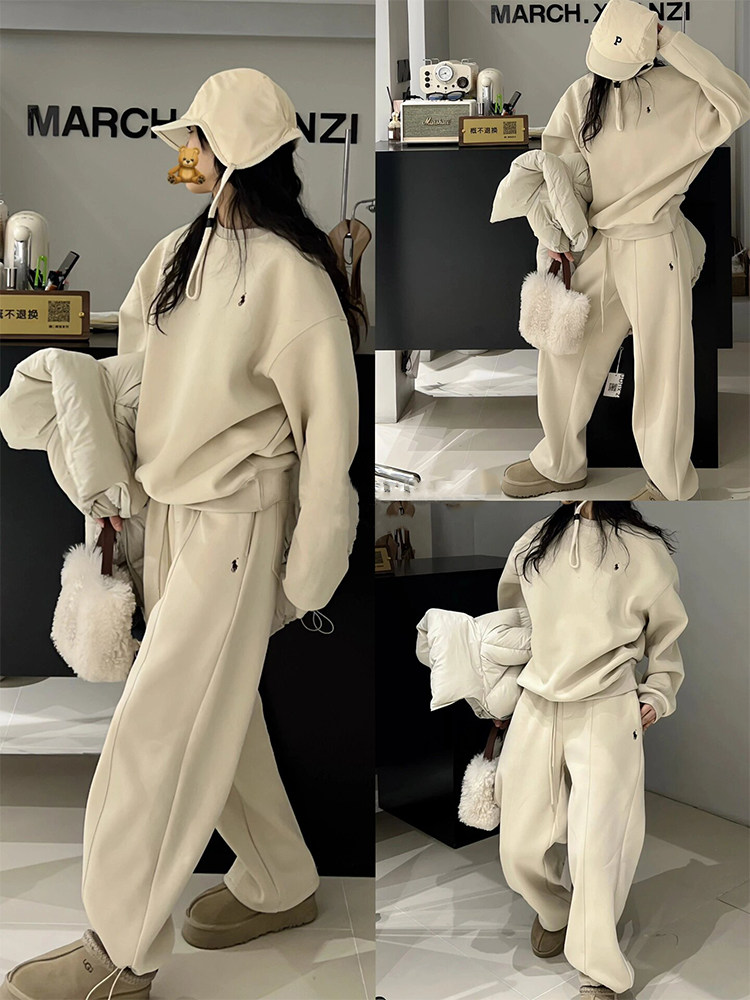 한국 동대문 여성 캐주얼 스포츠 정장 2024 가을 겨울 새로운 라운드 넥 스웨트 셔츠와 스웨트 팬츠 작은 투피스 세트