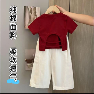 女童夏季套装2025新款女孩子休闲时髦短袖上衣薄款白色裤子两件套