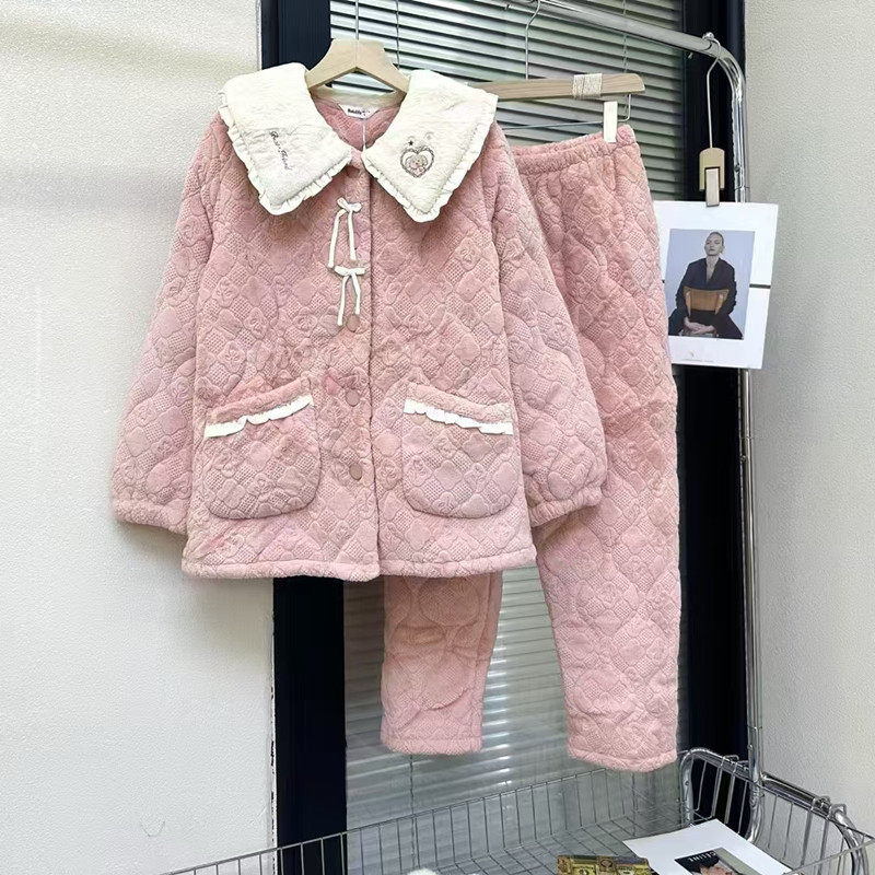 佰伦世家三层夹棉睡衣冬季女2025新款加绒加厚牛奶绒甜美家居服