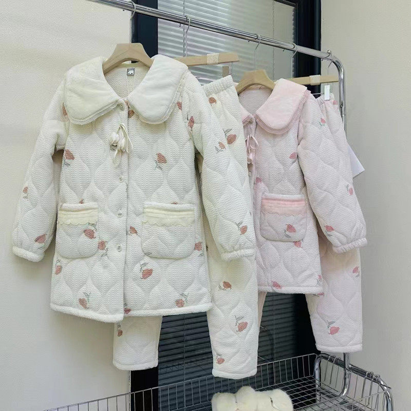 佰伦世家女士睡衣冬季新款牛奶绒三层加厚夹棉保暖中长款家居服