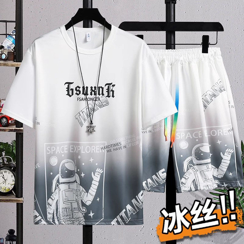 清仓捡漏休闲运动套装男夏季冰丝男士短袖t恤搭配帅气青少年夏装