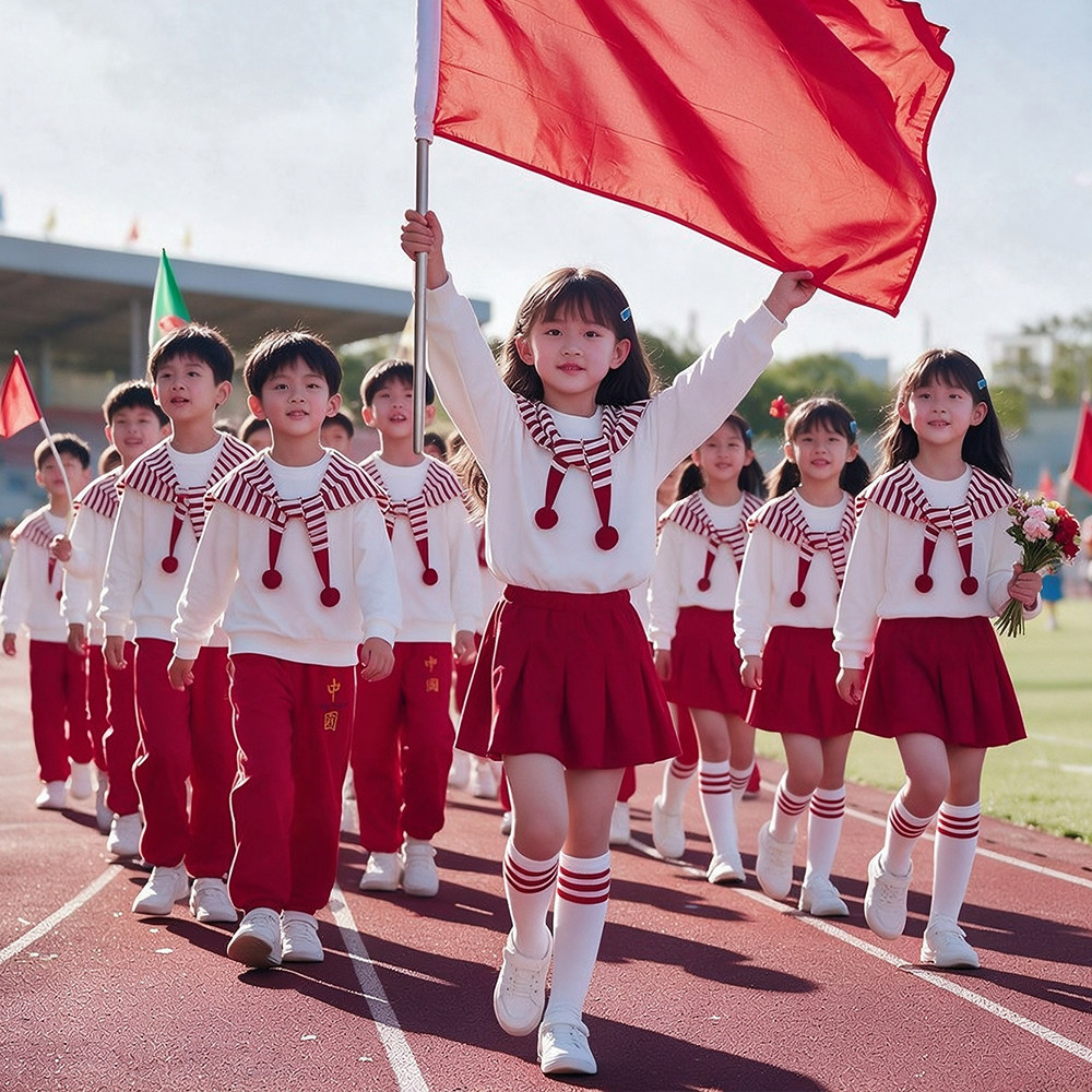 元旦儿童啦啦队演出服装小学生红色合唱服红歌比赛表演服装男女童
