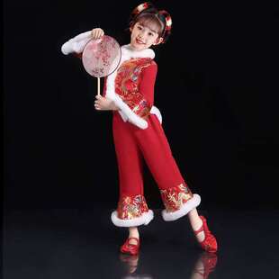 秧歌开门红服女扇子舞儿童2025红色演出服服冬季新款打鼓民族喜庆