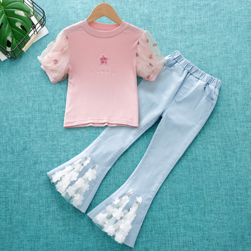 女童牛仔裤套装夏薄款2023夏季宝宝儿童女大童甜美两件套喇叭裤子