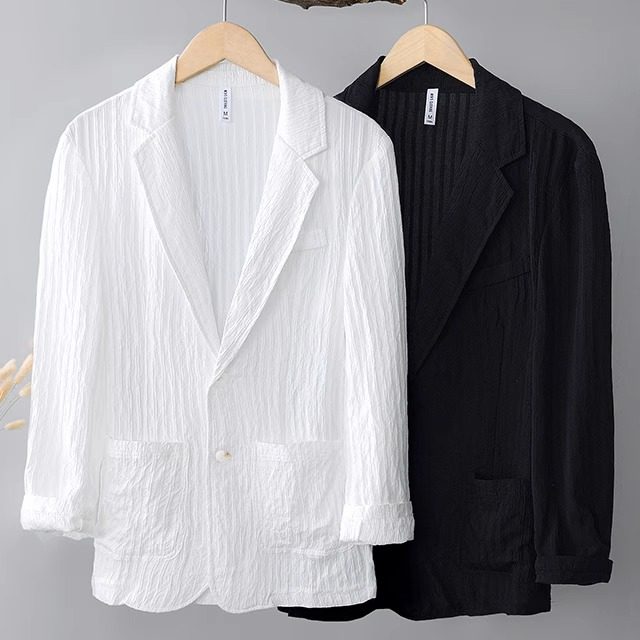 2025早春季新款男装暗纹条纹休闲西装外套宽松长袖纯色西服上衣