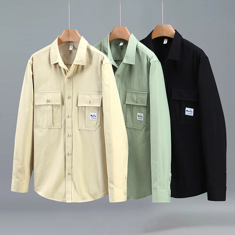100%纯棉秋季衬衫男长袖青少年学生工装衬衣外套帅气男装上衣服