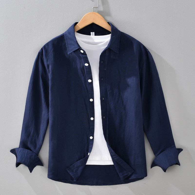 【莱赛尔亚麻】休闲衬衫商务休闲亚麻长袖衬衫男百搭翻领纯色衬衣