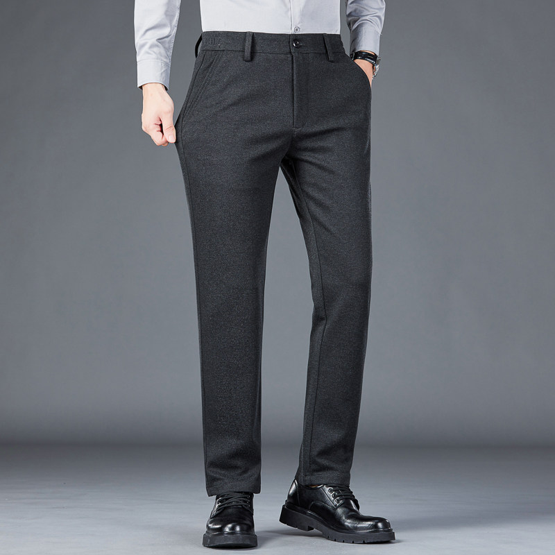 新款秋冬羊毛免烫松紧腰休闲裤男士合体直筒弹力青年保暖商务长裤