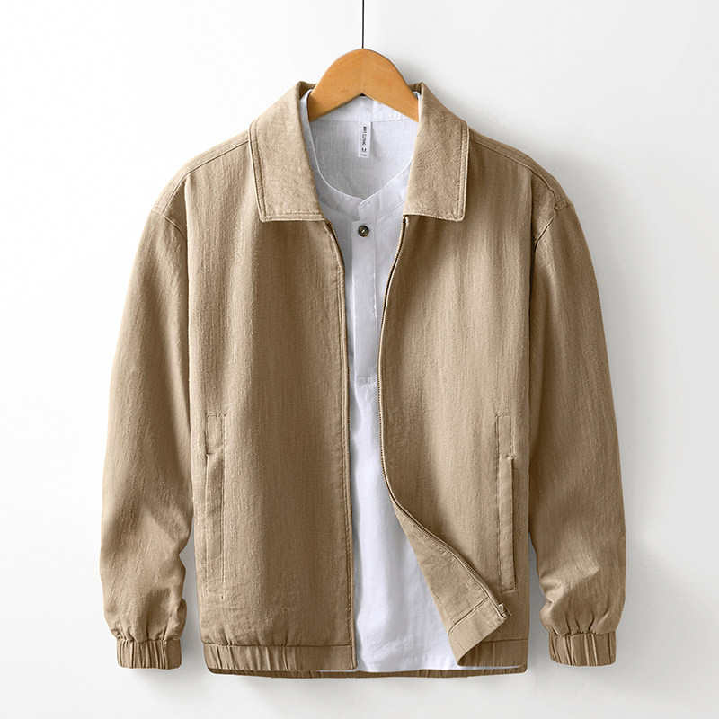 棉麻美式复古翻领棉麻夹克男休闲宽松外套通勤风纯色上衣