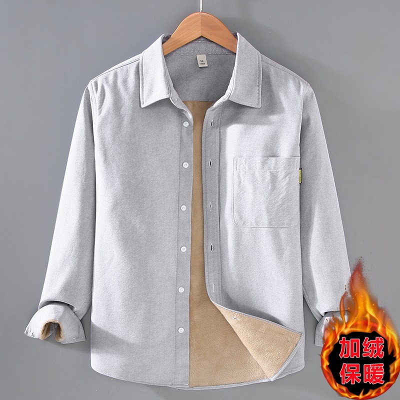 100%棉休闲风加绒保暖长袖衬衫男翻领宽松工装衬衣外套