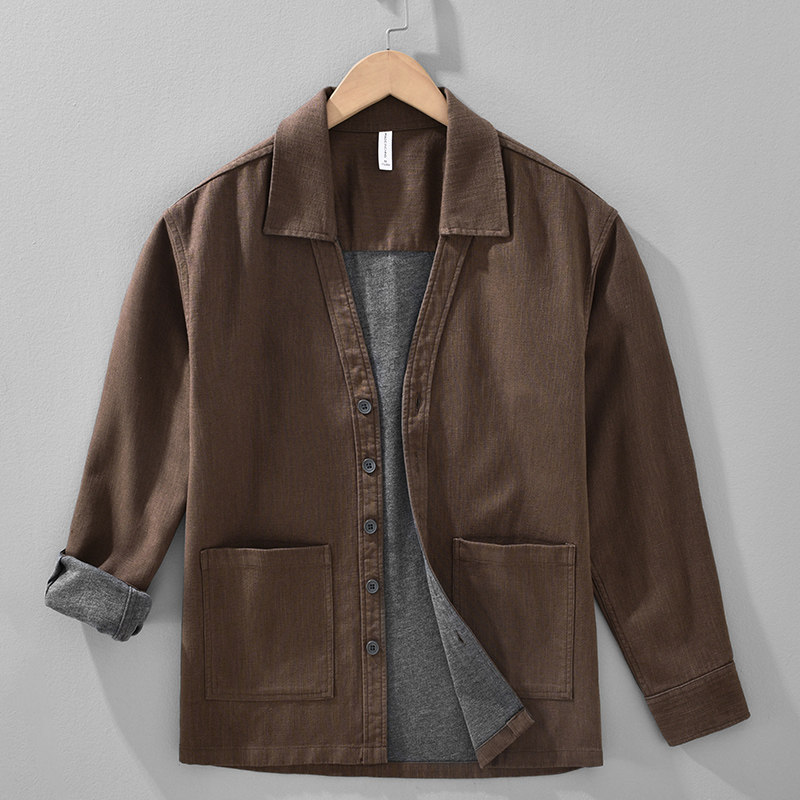 新款秋冬棉麻老钱风海鸥领亚麻夹克男秋宽松复古棉麻外套