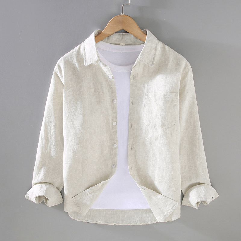 100%纯亚麻长袖衬衫春夏男休闲翻领透气宽松百搭职业上衣
