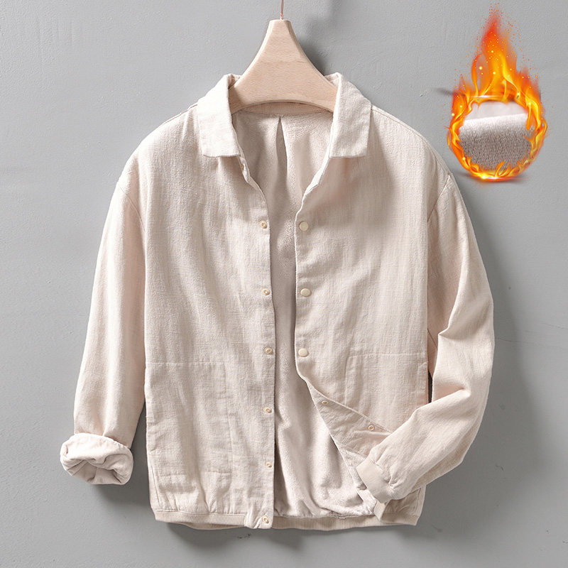 加绒棉麻复古休闲苎麻衬衫男长袖翻领宽松百搭保暖上衣