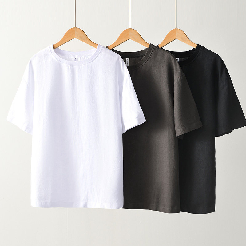 100%汉麻】极简风亚麻短袖T恤女圆领宽松显瘦遮肉棉麻上衣