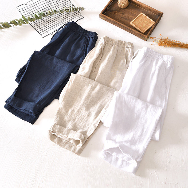 100%亚麻简约亚麻休闲裤男夏季薄款宽松吸汗透气松紧腰直筒休闲裤