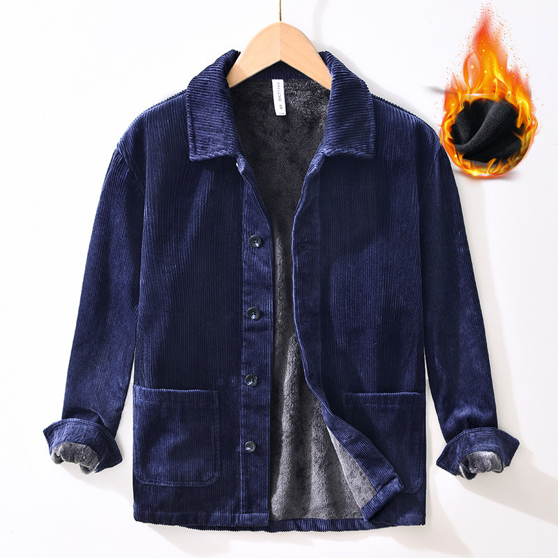 【100%棉 加绒加厚】复古灯芯绒加绒衬衫男翻领休闲宽松保暖外套