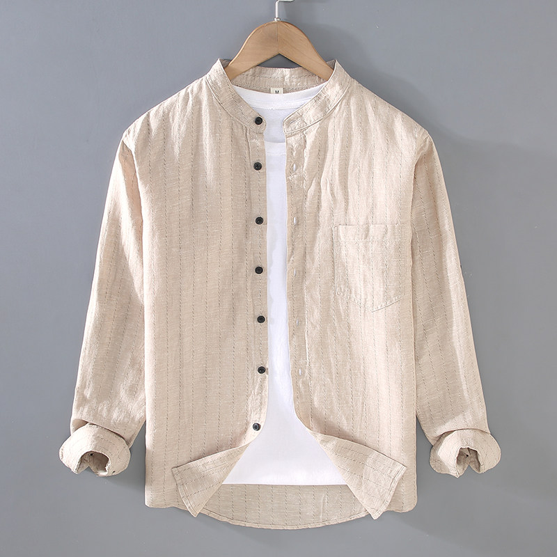 男士亚麻条纹长袖衬衫复古青年休闲棉麻立领衬衣文艺时尚寸衫上衣