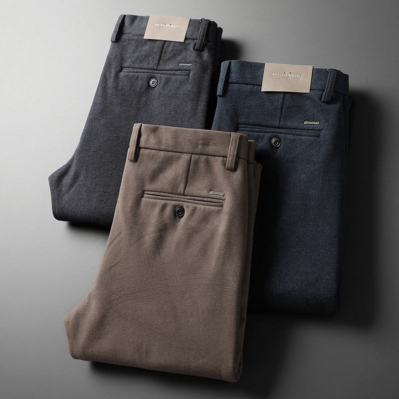 新款秋冬羊毛商务牛仔裤男士内里薄绒直筒宽松斜纹棉质百搭长裤