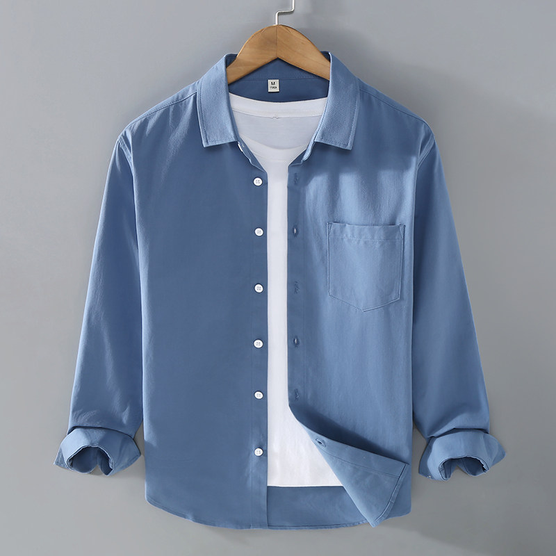 100%纯棉长袖衬衫男春秋纯棉高级感休闲纯色白色翻领衬衣复古