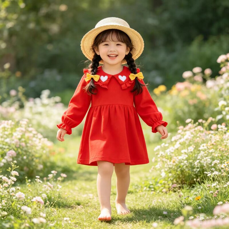 女宝宝可爱娃娃领长袖贴心形连衣裙春秋款女童韩版洋气公主裙子