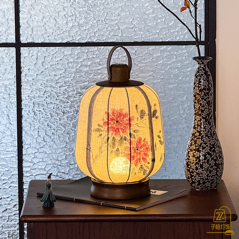 宋代美学新中式国风水墨画台灯卧室床头无线便捷布艺装饰氛围台灯