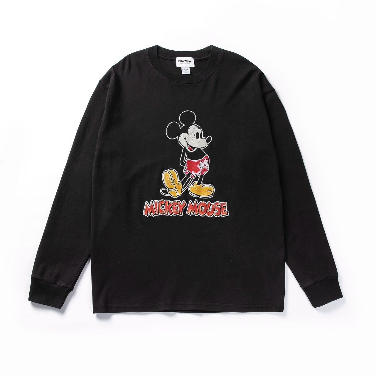 BOWWOW MICKEY MOUSE LS长袖复古做旧磨毛米奇植绒印花T恤男