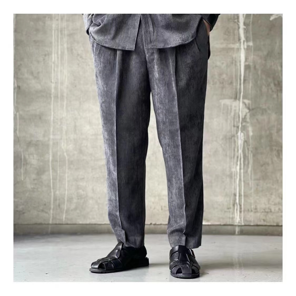 清仓N.HO*LYWO*D日潮复古双褶灯芯绒锥形长裤男 抽绳腰休闲偏9分