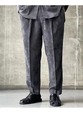 清仓N.HO*LYWO*D日潮复古双褶灯芯绒锥形长裤男 抽绳腰休闲偏9分