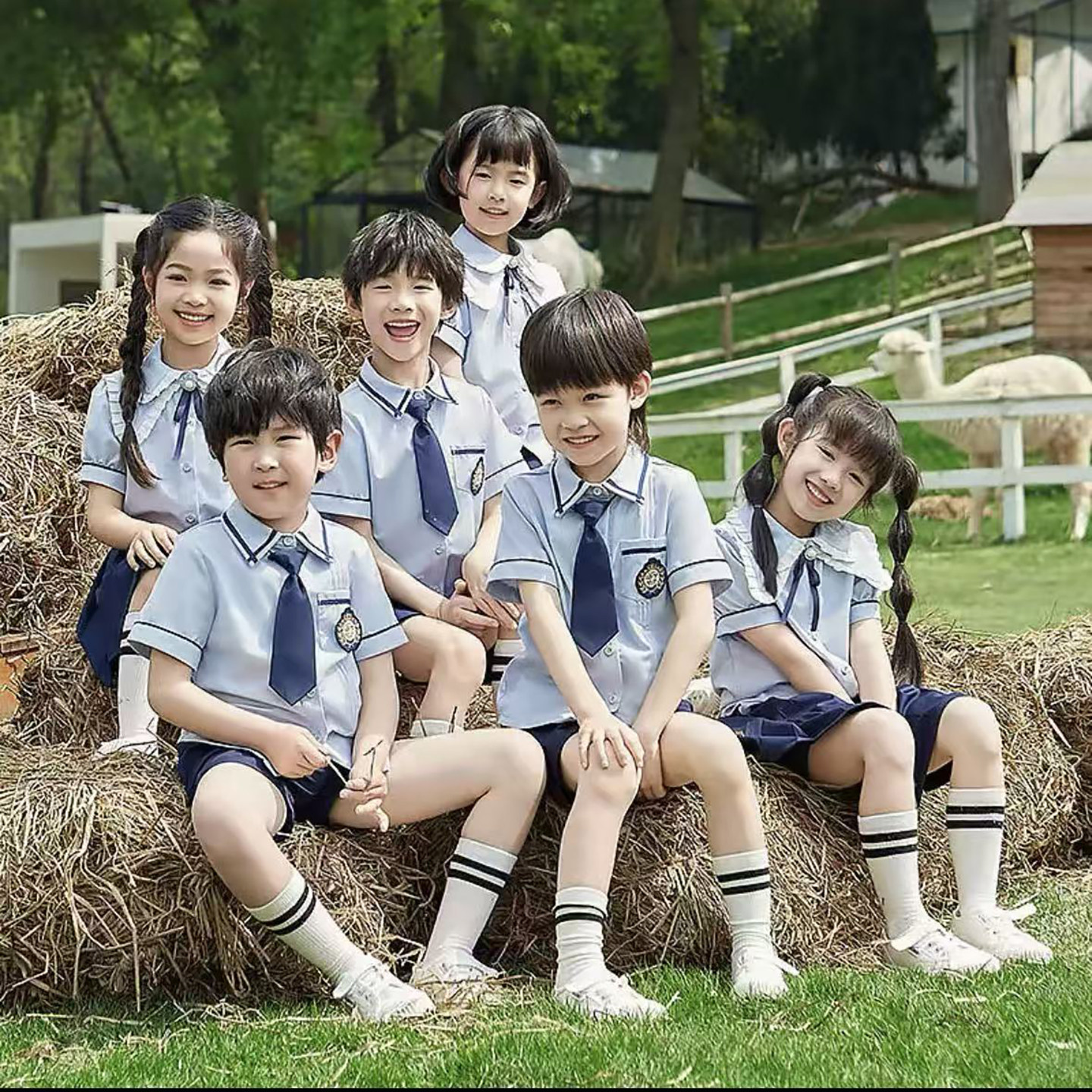小学生毕业典礼英伦风短袖套装蓝色学院风班服幼儿园毕业照演出服
