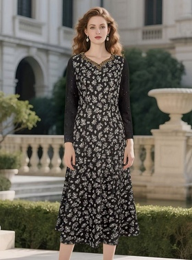 秋冬法式高级感碎花连衣裙长袖V领优雅显瘦妈妈装-68617