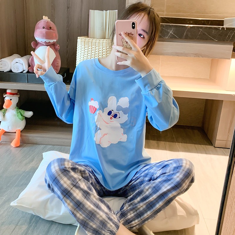 温范纯棉睡衣女春秋季长袖薄款秋冬天全棉家居服女士睡衣两件套装