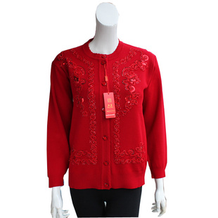 中老年女装针织毛衣外套春秋装妈妈装女士薄型盘花混纺毛线开衫