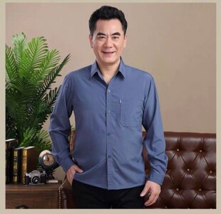 春季加肥加大宽松中老年男装薄款长袖衬衫 父亲爷爷老年春秋衬衣