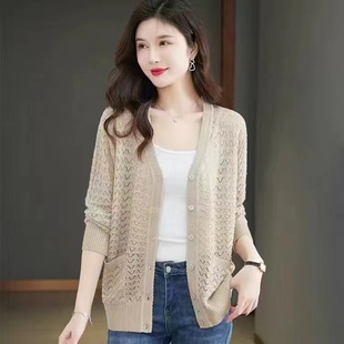中老年妈妈夏季桑蚕丝冰丝针织外套  防晒女时尚大码加肥长袖开衫