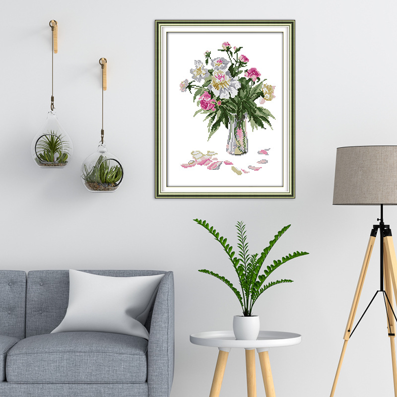新品十字绣植物花卉白牡丹花束刺绣材料包卧室装饰画图片