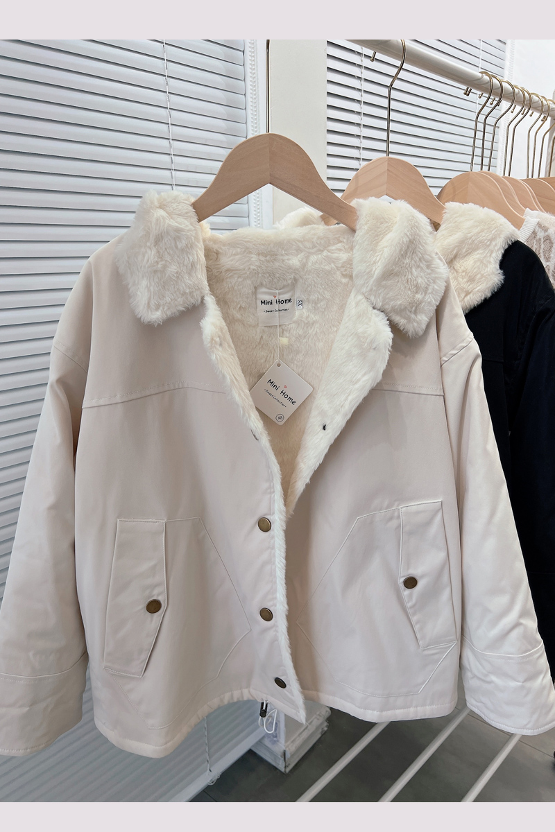 150小个子港风羊羔毛加绒加厚保暖棉袄短款宽松连帽外套派克服女