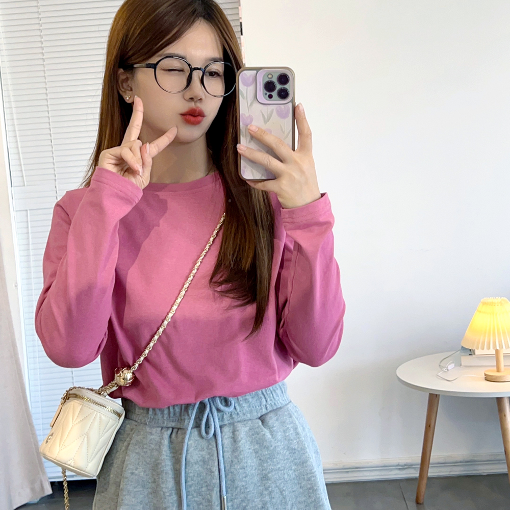 长袖休闲薄款纯色纯棉女T恤