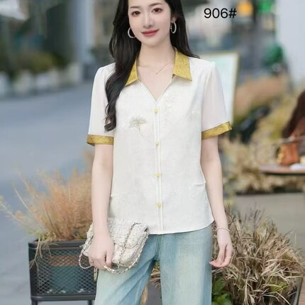 2026夏季新中式风撞色翻领短袖衬衫女国风提花减龄小衫洋气上衣