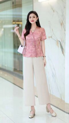 新中式休闲套装女2026新款夏减龄妈妈装复古印花短袖阔腿裤两件套