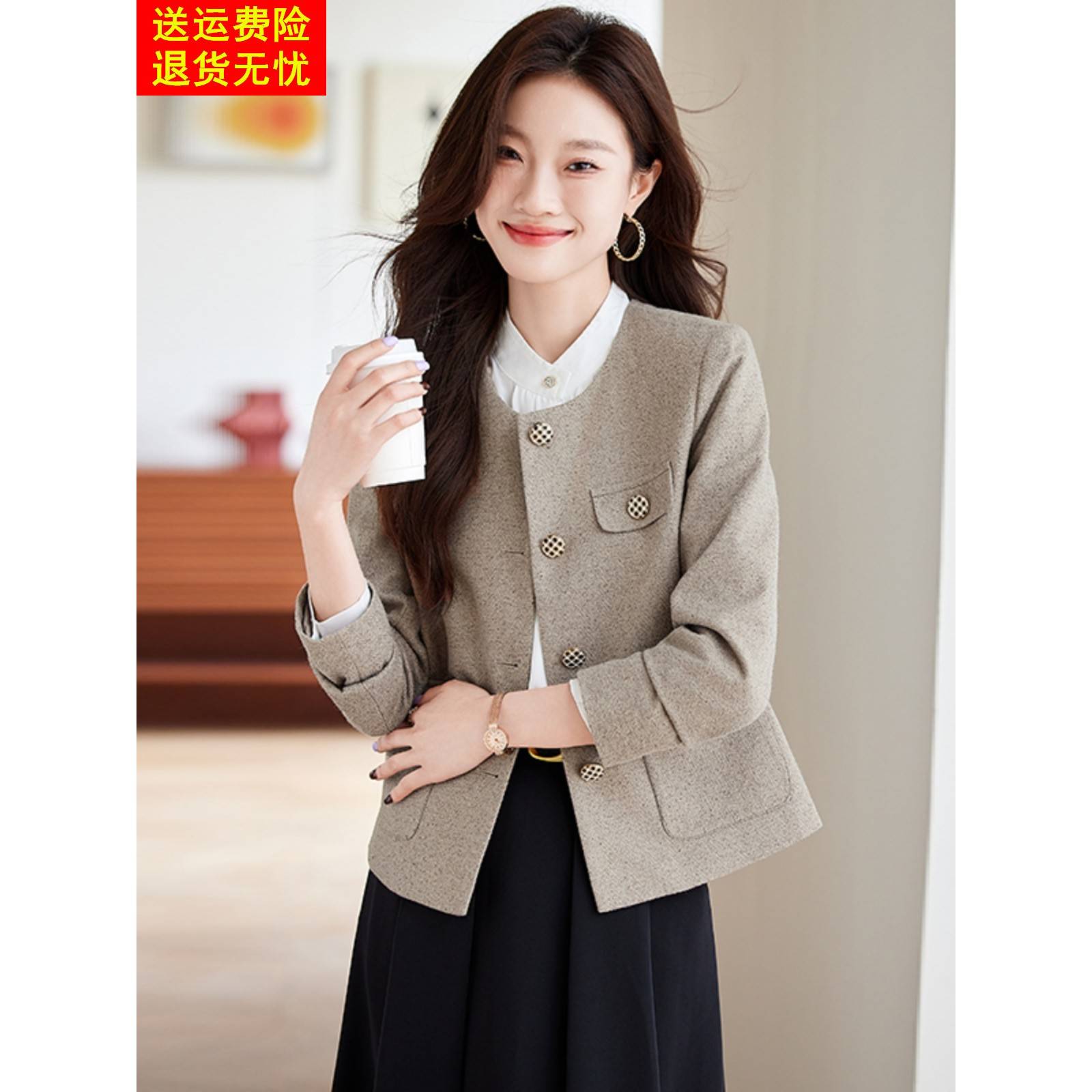 圆领小香风西装外套女2025春秋爆款高级感西服小个子短款外搭上衣