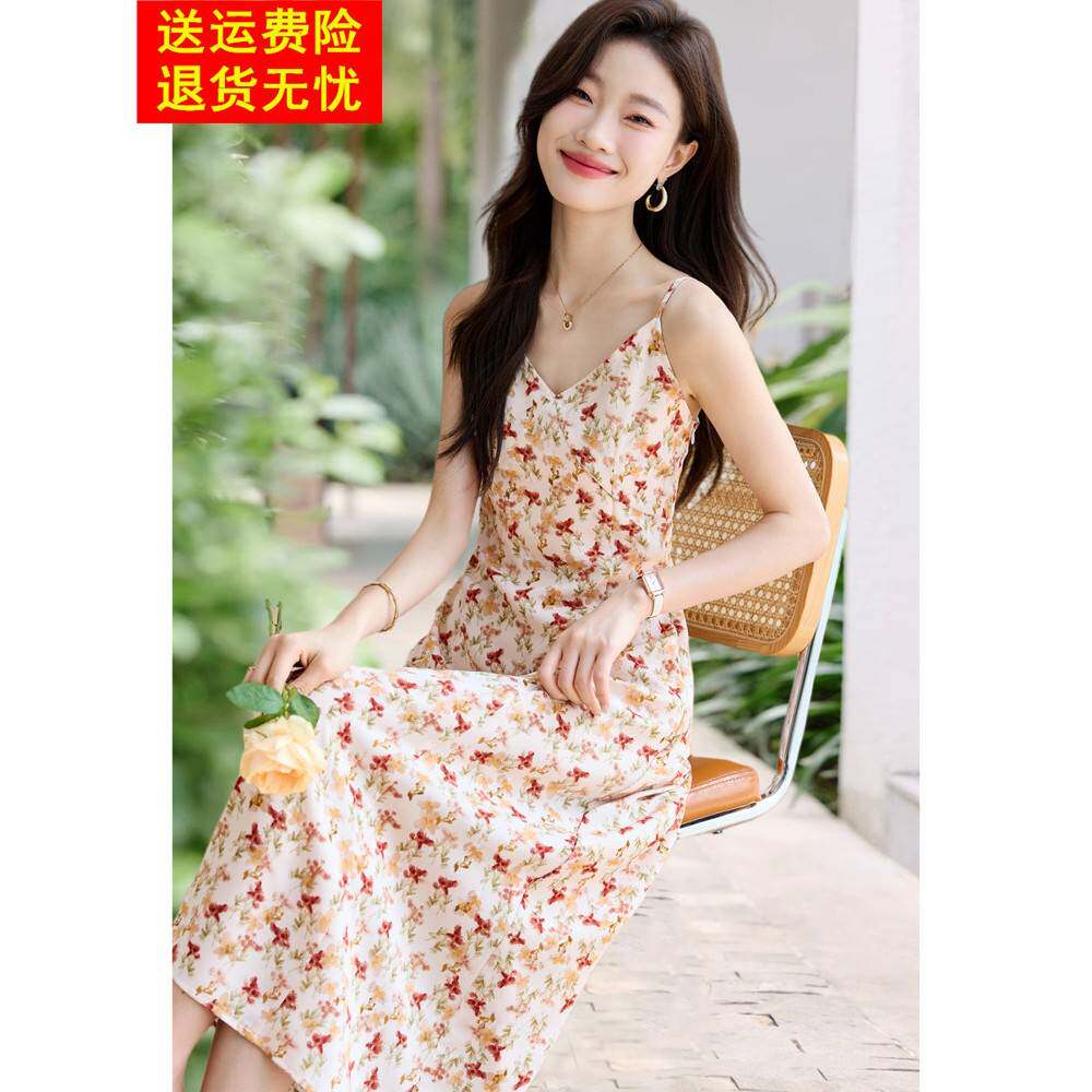2025夏季新风格法国度假风格花卉吊带裙文学覆古露肩腰裙女士瘦