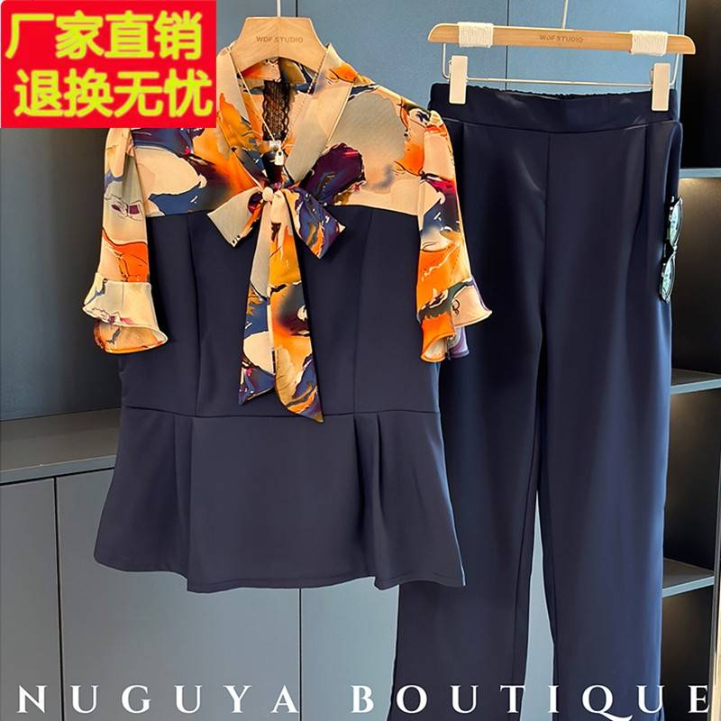 时尚休闲雪纺拼接西装套装女短袖2025夏装新款显瘦时髦洋气两件套
