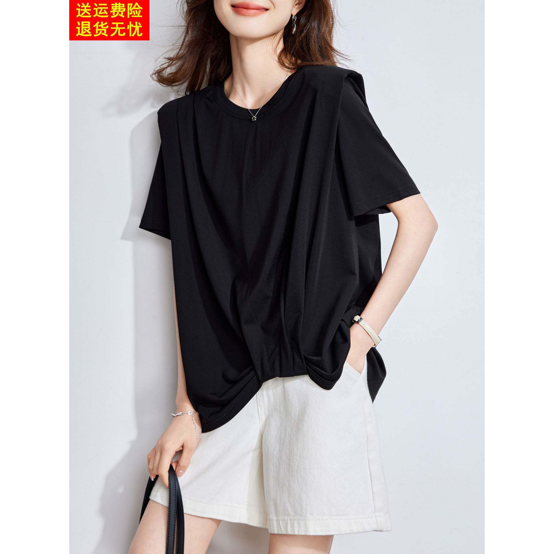 黑色不规则t恤女士短袖2026夏季新款真丝桑蚕丝体恤半袖垫肩上衣