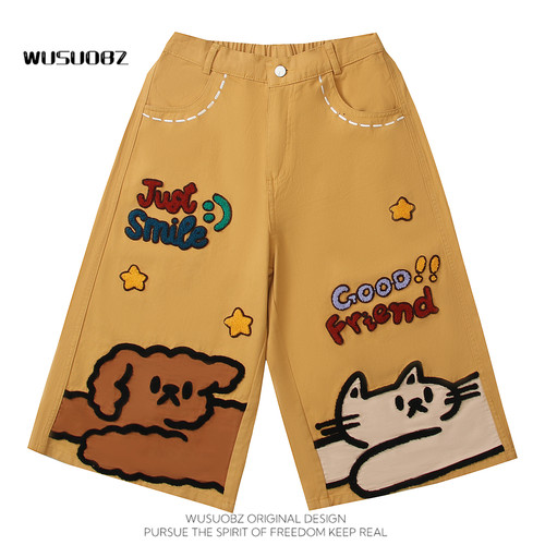 WUSUOBZ 美式复古卡通刺绣短裤男女夏季潮牌宽松牛仔裤休闲七分裤