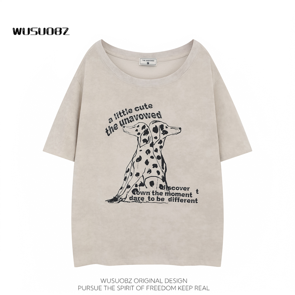WUSUOBZ美式斑点狗印花大领口短袖T恤女2025夏季宽松水洗做旧半袖