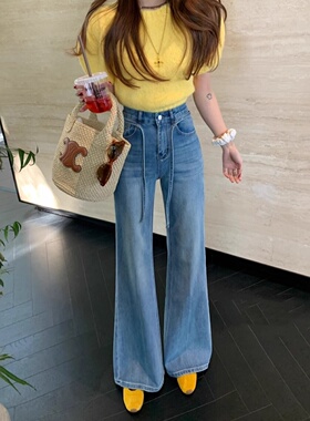 浅蓝色宽松微喇叭牛仔裤女2025夏季高腰不贴腿显瘦直筒喇叭拖地裤