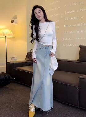 复古水洗做旧牛仔半身裙女2025年春季新款高腰A字长裙宽松大摆裙