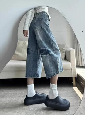 大码复古蓝色水洗宽松弯刀牛仔裤女夏季新款梨型身材显瘦七分裤子