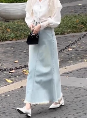 韩系复古毛边设计感牛仔半身裙女夏季新款高腰休闲时尚气质长裙潮