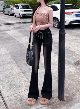 黑色渐变直筒微喇叭裤牛仔裤女2025年春季新款设计感高腰显瘦长裤